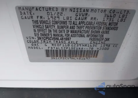 2022 Nissan Kicks Sv Xtronic Cvt из США, поврежденный, VIN 3N1CP5CV9NL481697